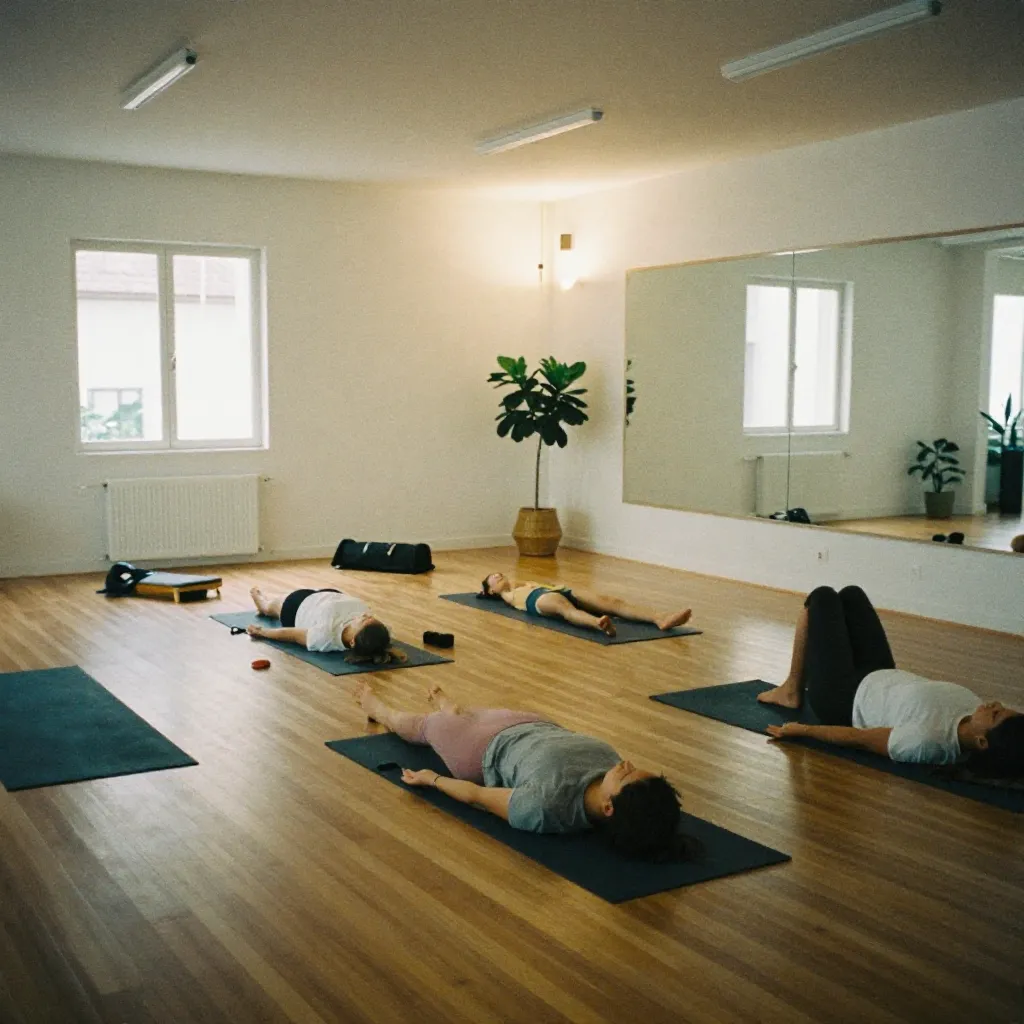 Corridor leading to studio doors with directional signage